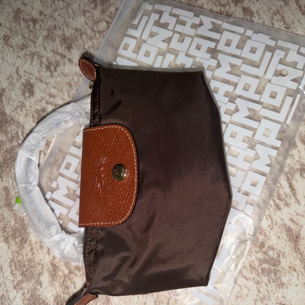 Longchamp Brown Nylon Mini Top-Handle Bag with Tan Trim